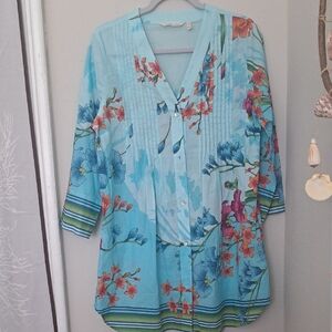 Soft Surroundings Vibrant Floral Blouse - Blue and Orange